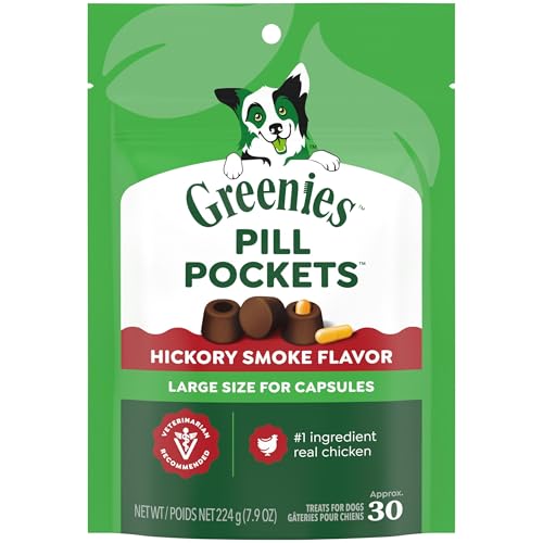 Image of Greenies Pill Pockets for Dogs Large Size, Dog Treat Pouch for Capsule Medication, Hickory Smoke Flavor, 7.9 oz. Pouch (Pack of 6)