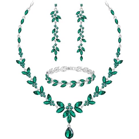 Wedding Jewelry Sets for Bride Bridesmaid Bridal Jewelry Set for Women Wedding Crystal Necklace Earrings Bracelet Set for Party Prom Jewelry (Emerald Green - Silver) Cover