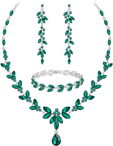 Paxuan Wedding Jewelry Sets for Bride Bridesmaid Bridal Jewelry Set for Women Wedding Crystal Necklace Earrings Bracelet Set for Party Prom Jewelry (Emerald Green - Silver)