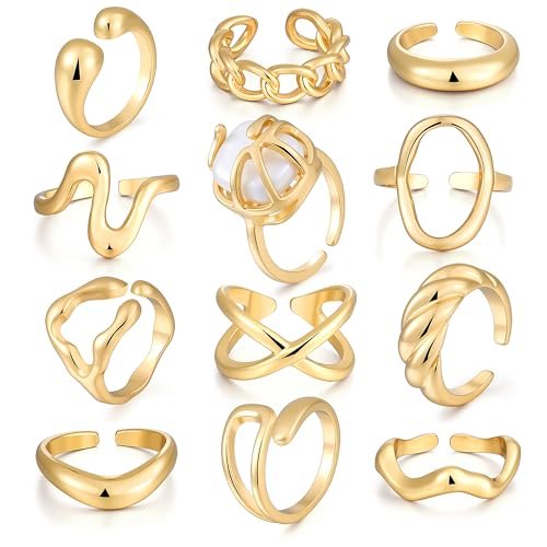FAXHION 12PCS Gold Stackable Rings Set for Women, 18K Gold