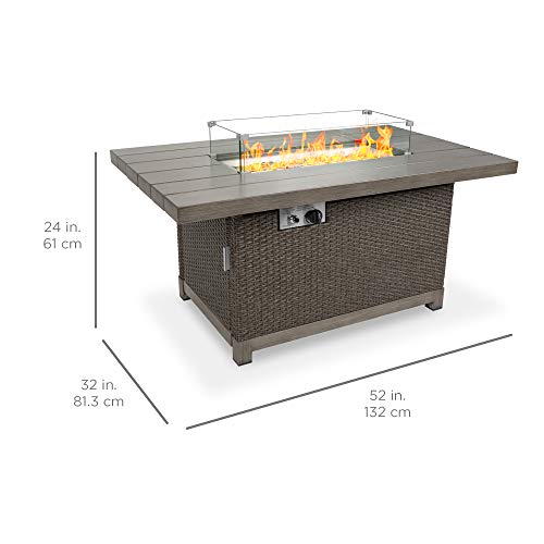 Best Choice Products 52in 50,000 BTU Wicker Propane Fire Pit Table w/Aluminum Tabletop, Glass Wind Guard, Storage Cover, Glass Beads, Easy Access Tank Cabinet