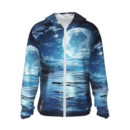 Men's UPF 50+ Sun Protection Hoodie Moon Over Ocean Long Sleeve Sun Shirts Full Zip Light Fishing Jacket