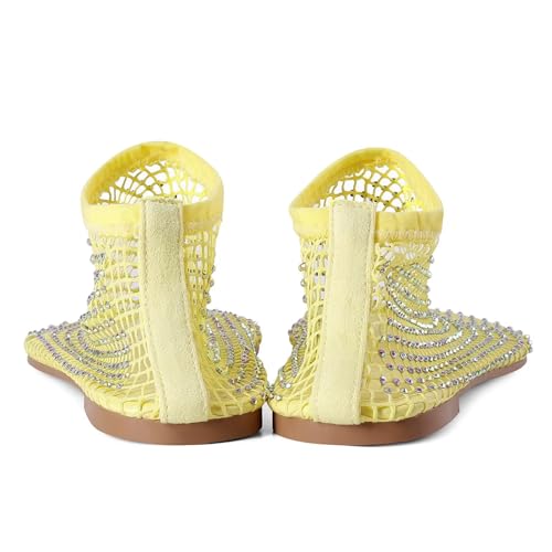 Image of Mesh Ballet Flats Round Toe Shiny Gem Mesh Flats Rhinestone Short Boots Sexy Sandals Cutout Sparkly Comfortable Beach Casual Dress Flats for Women