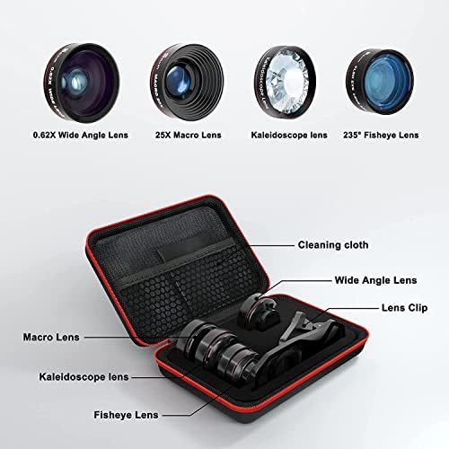 Selvim Phone Camera Lens Kits, upgrade 4 in 1 Phone Lens: 235° Fisheye Lens, 25X Macro Lens, 0.62X Wide Angle Lens, Kaleidoscope lens, Compatible for iPhone 11 12 13 8 7 6 Plus X XS XR Samsung Android