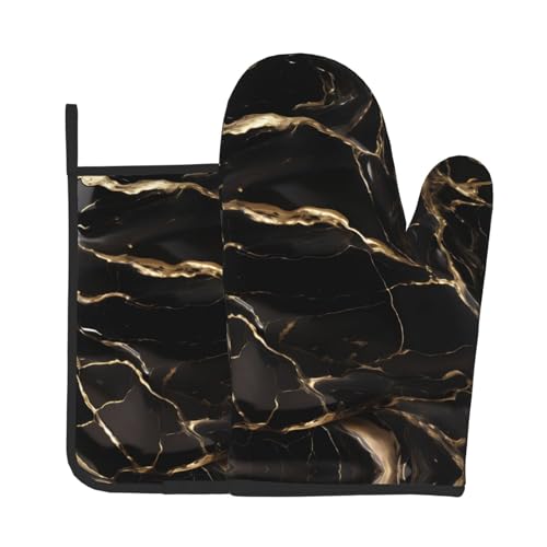 YYHHAOFA Black Gold Marble Printing Oven Mitts and Pot Holders Sets : Thick and Durable, Anti-scalding and Heat-Insulating