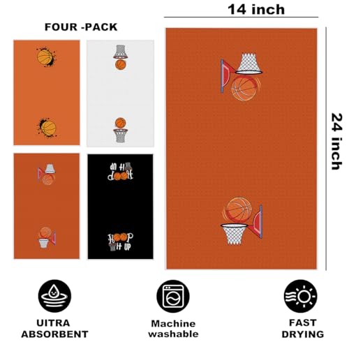 Image of 4 Pcs Basketball Hand Towels for Bathroom 24x14 Inch, Basketballs Gifts Reusable Dish Towels for Kitchen Bathroom Home Decor, Waffle Weave Hand Cloth Tea Towel, Basketball Lover Gifts for Women Friend