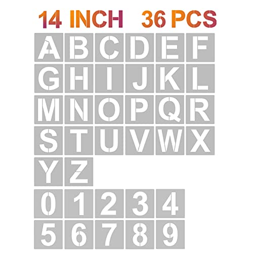 YEAJON 14 Inch Letter Stencils and Numbers, 36 Pcs Alphabet Art Craft Stencils, Reusable Plastic Templates for Wood, Wall, Fabric, Rock, Signage, DIY Art Projects