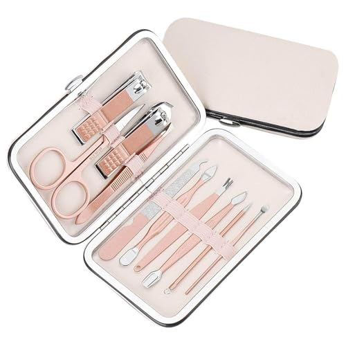 Image of WEZOSHINET Stainless Steel Professional Manicure Set Nail Cutter For Women Nail Scissors Luxury Grooming Kit Manicure Pedicure Kit For Women (10 Pcs Rosegold Manicure Set)