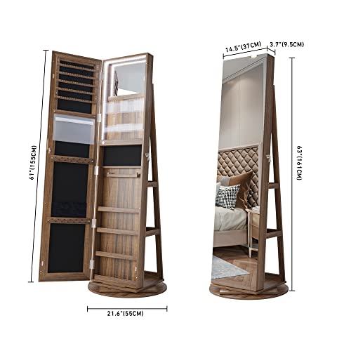 Hnebc Led Light Jewelry Organizer Mirror 360°Rotating,Jewelry Armoire With Door Mirror, Full Length Mirror Jewelry Cabinet, Mirror With Jewelry Storage, Large Jewelry Boxes & Organizers（A_Light Brown） #TOP3