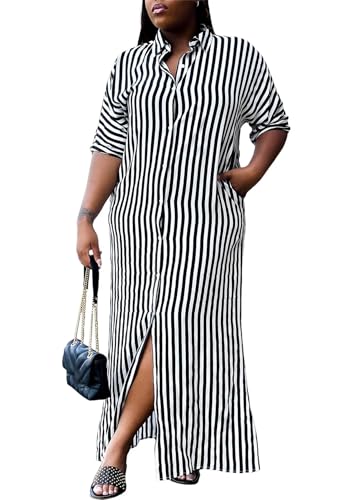 LROSEY Women Summer Button Down Shirt Maxi Dresses Short Sleeve Black and White  Striped Long Dress with Pockets at Amazon Women's Clothing store