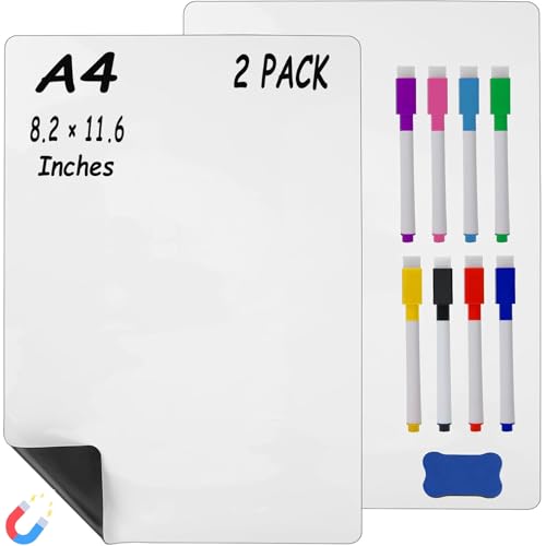Hiziwimi A4 (11,6 x 8,2 pouces) 2 tableaux blancs magnétiques pour réfrigérateur, petits tableaux blancs pour réfrigérateur 8 marqueurs, 1 effaceur,...