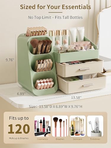 Image of Booklov Makeup Organizer for Vanity, Large Capacity Cosmetic Display Case with Drawers, Countertop Beauty Storage Holder for Skincare, Brush Eyeliner Eyeshadow Lipsticks, Counter Desk, Cream Green