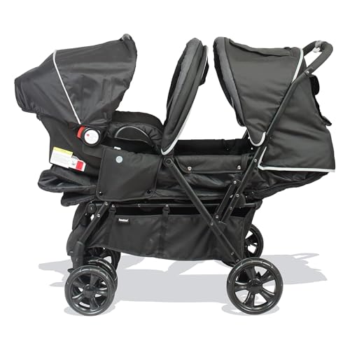 BAMBISOL - Podwójny wózek kombinowany & Gr0+ dla bliźniaków od urodzenia - 4 podwójne koła - Czarny szary