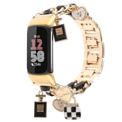 Realsign Stylish Metal Wristband Compatible With Fitbit Charge 6/Charge 5 Band For Women,Cute Strap With Unique Love Bag Pendants Chain Charms Bracelet For Fitness Tracker thumb #1