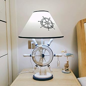 LITFAD Nautical Rudder Table Lamp, Kids Bedside Nightstand Lamp, WhiteBlue