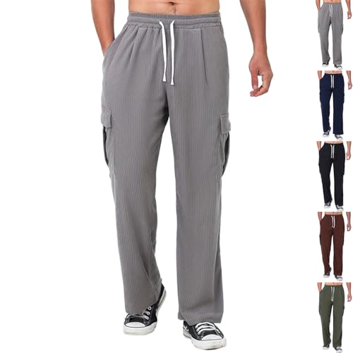 Classic Corduroy Pants Men Baggy High Waisted Drawstring Cargo Pants Fall Outdoor Wide Leg Trousers with Pockets