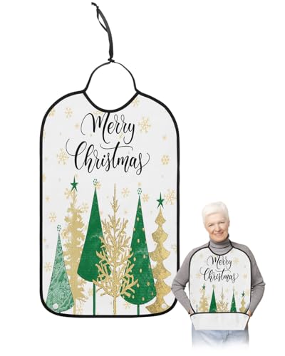 Kewadony Adult Bibs for Elderly Women - Green Yellow Christmas Tree Waterproof Dining Clothing Protectors with Crumb Catcher for Eating/Feeding, Xmas Winter Snowflake Terry Cloth Bib Machine Washable
