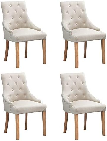 HomeSailing Set of 4 Beige Dining Room Armchairs Only with Button Trim Fabric Upholstered High Back Kitchen Chairs Side Chairs with Armrest for Bedroom Living Room Oak Wood Legs Chairs (Beige)