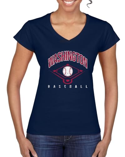 American Baseball Fan Washington Shirt – Vintage Distressed Field Sports Tee, Retro USA Game Day Women’s Standard V-Neck Tee, Navy, Large