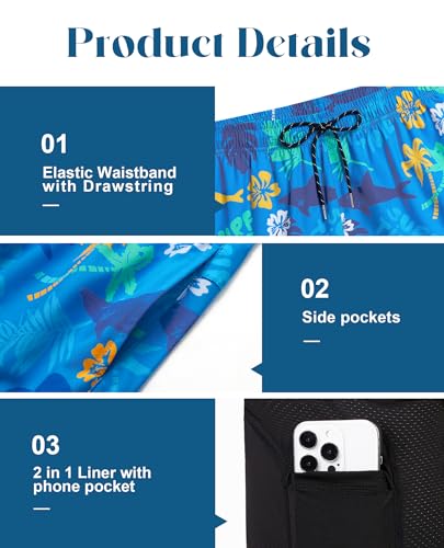 Image of Gleeease 7inch Mens Swim Trunks 2 in 1 with Compression Liner Pockets Drawstring Quick Dry Stretch Lined Funny Beach Pool