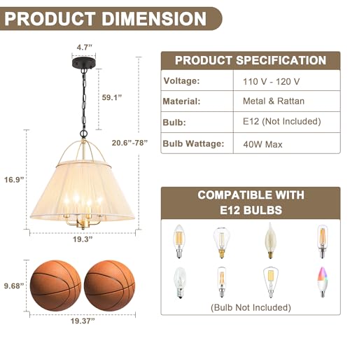 LASENCHOO Large Rattan Chandelier 4 Lights Boho Hanging Light Fixture, 19.3" Woven Pendant Light Coastal Chandeliers for Dining Room Living Room Entryway Foyer Lighting Fixture with E12 Sockets by LASENCHOO - Used condition - Image 2