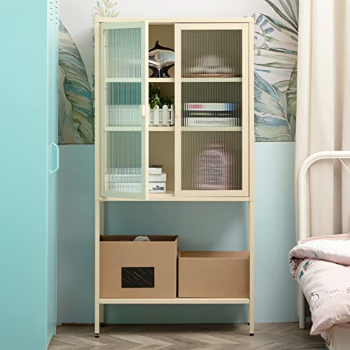 Matico Metal Storage Cabinet, 59"(H) X30(L), Freestanding Pantry Locker, Accent Display Bookcase With Striped Glass Door, Organizer Cupboard For Office, Living Room, Kitchen Console Sideboard, Beige #TOP4