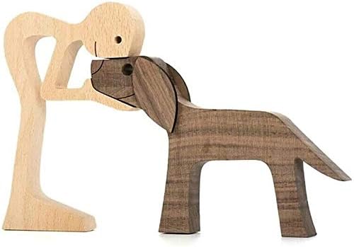 Hehimin Family Puppy Wooden Carving Ornaments, Pet Lover Gifts Wood Sculpture, Natural Wood Pet Dog Family Crafts Sculpture, Hand-carved Figure Creative Gifts for Home Office Desktop (Women and Dog)