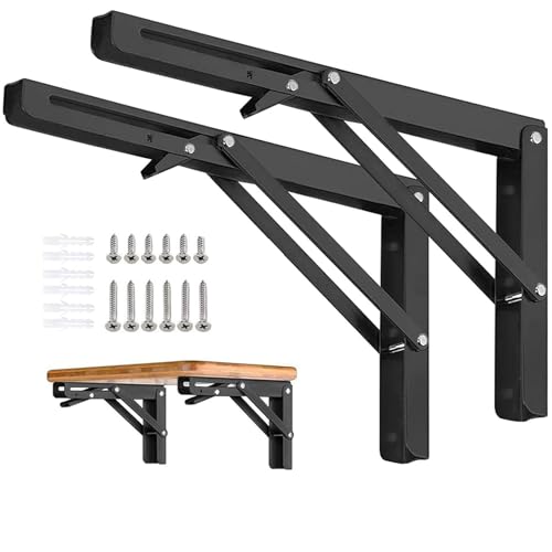 2PCS Black Folding Shelf Brackets Max. Load 220 lb, Heavy Duty DIY Wall Mounted Shelf Bracket Space Saving for Table Work Bench