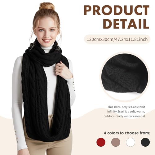 Barelove Women Thick Cable Knit Ribbed Infinity Circle Loop Scarf Winter Cold Weather Warm Scarves (Black)