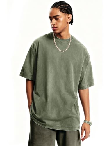 KEEPSHOWING Oversized Tshirts for Men Acid Wash Crewneck Cotton Graphic Tees Basic Short Sleeve Loose Fit Tops 2026(AG-L) Army Green — view 2