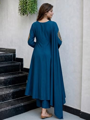 Image of ANNI Designer Kurta Set for Women Viscose Embroidered | A-Line Kurta Pant Dupatta Set for Woman | Long Sleeve V-Neck Stylish Ethnic 3 Piece Outfit Trendy Women Clothing