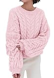 PRETTYGARDEN Long Sleeve Crewneck Cute Valentines Day Sweaters for Women Oversized Pink Sweater for Woman Chunky Pullover (Pink, Medium)