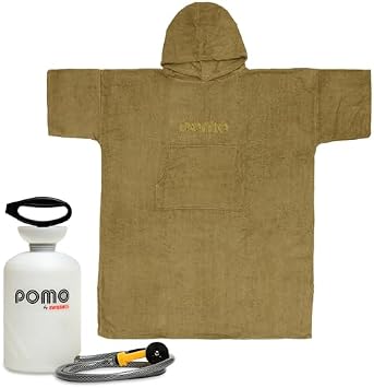Pomo High Pressure 5L Portable Shower, Outdoor Shower, Camping Shower, Surf Rinse Kit Surf Poncho, Towel Poncho Adult Made of 100% Cotton, Unisex, One-Size Fits All Changing Poncho