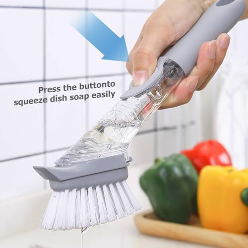Soap Dispensing Dish Scrub Brush: Dish Brush with Soap Dispenser, Dish Scrubber Brush with 2 PCS Replacement Refills Head for Effortless Dishwashing Kitchen Household Cleaning Dishes Pans Pots Sink image 3