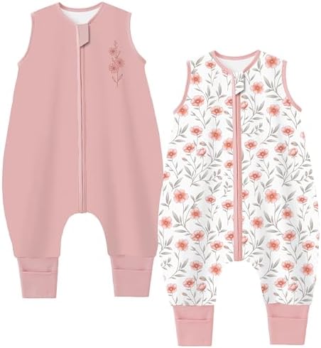 Chilsuessy 2er Pack Baby Schlafsack Sommer mit Füßen 1 Tog 100% Baumwolle Kinder Sommerschlafsack für Jungen und Mädchen, 1 Tog/Rosa Blumen Set, 70cm/Baby Höhe 80-90cm