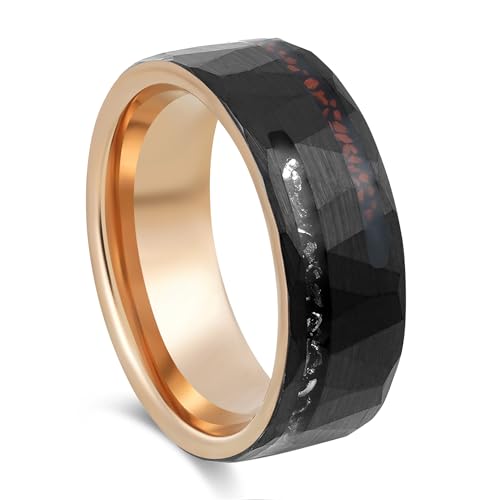 MESABANDS black hammered rose gold tungsten ring with meteorite and bone inlay
