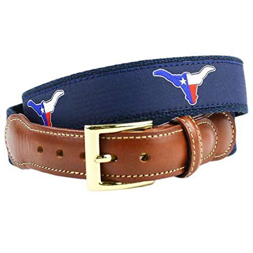 COUNTRY CLUB PREP Texas Longhorn Flag Leather Tab Belt in Navy on Navy Canvas