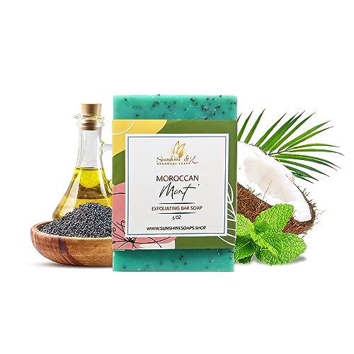 Sunshine & K Handmade Soaps Moroccan Mint Exfoliating Soap, Bar Soap with Poppy Seeds & Shea Butter, Natural Base Oils Body Soap, Body Soap Bars with 6 Natural Base Oils, 4.5 oz