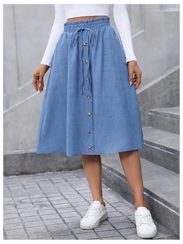Verdusa Women's Button Paperbag Drawstring Waist Skirts A Line Flowy Denim Midi Skirt with Pocket4