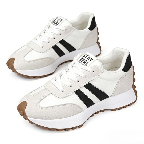 Women's Fashion Thick Sole Sneakers, Breathable Walking Shoes, Comfortable Support, Casual Textile Upper, Rubber Sole, All Seasons (White,7)
