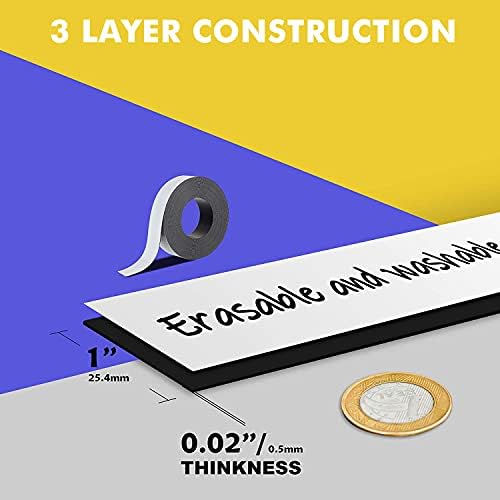 LLPT Dry Erase Magnetic Label Strips 25mm x 8m Blank Writable Magnet Roll Labels Reusable Cutable for Refrigerator Shelf Whiteboard Toolbox Craft and Other Metallic Surfaces White (DMS126)