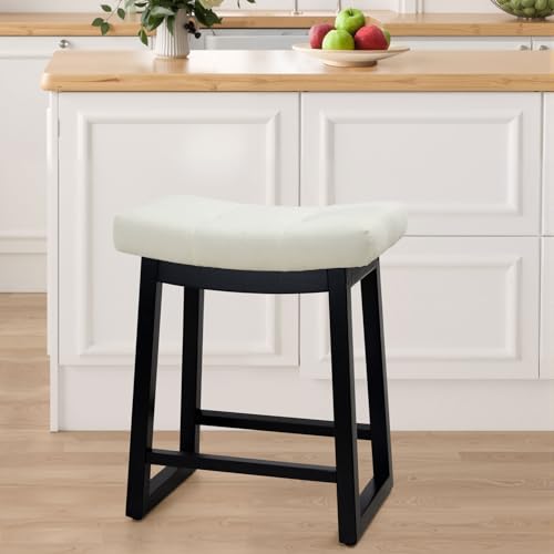 Image of 24 Inch Counter Height Bar Stool, Backless Upholstered Bar Stool with Wood Legs, Modern Farmhouse Saddle Stool for Kitchen Island, Home Bar, White Fabric