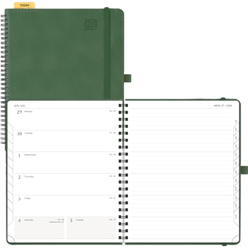 POPRUN Weekly Planner 2026-2027 (July 26-June 27), Large-8.5" x 10.5", Academic Agenda 2026-2027 Calendar Notebook Planner for School, College, Spiral Leather Softcover, 100GSM - Green