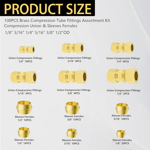 108pcs Brass Compression Tube Pipe Fittings Assortment Kit, 1/8\" 3/16\" 1/4\" 3/8\" 5/16\" 1/2\" OD Compression Union Connector & Compression Sleeves Ferrules
