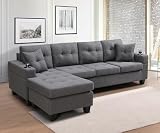 Wakefit Sectional Sofa Couch, Modern 4-Seaters Living Room Furniture Sets with Reversible Chaise Lounge & 2 Pillows | L Shape Couch | Cup Holders | Linen Fabric, Gray