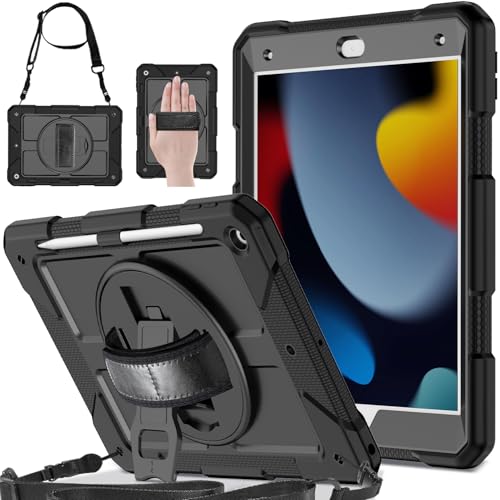 Image of SINSO Case for iPad 9th/8th/7th Generation 10.2 Inch (2021/2020/2019), Fully-Body Heavy Duty Shockproof ipad Cover with 360° Rotating Hand Strap/Stand/Shoulder Strap/Pencil Holder, Black