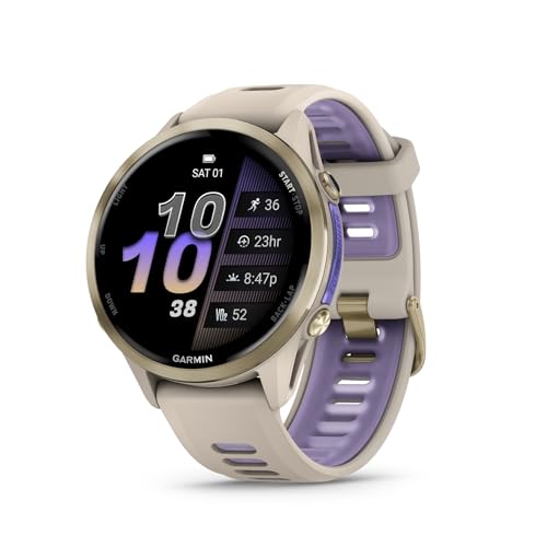 garmin forerunner 970 premium gps running and triathlon smartwatch amoled display built-in led flashlight soft gold titanium with french gray case and french graytranslucent indigo band