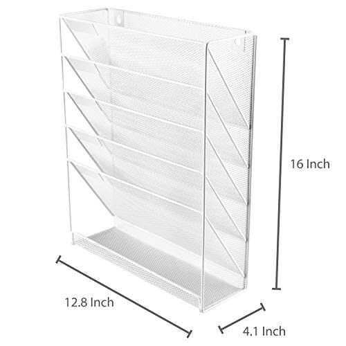 Mygift Wall Mounted White Mesh Metal Office Document File Folder Magazine Holder Rack With 5 Slanted Slots, Hanging Filing System With Bottom Storage Shelf #TOP4