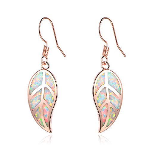 Cinily Rose Gold Opal Dangle Earring-Leaf Drop Earrings White Opal Gemstone Dangle Earrings For Women Girls #TOP8