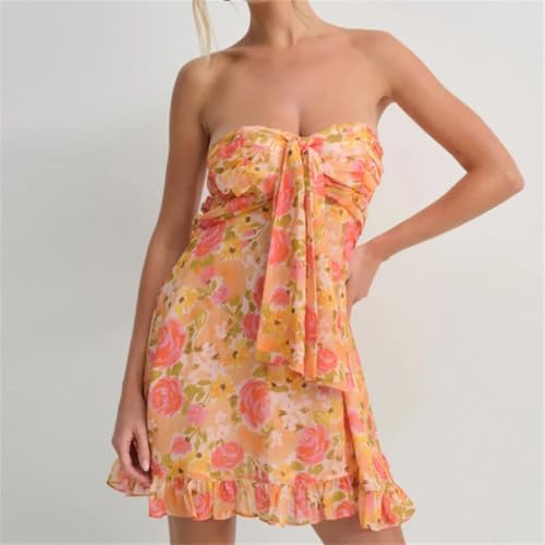 Women Sexy Hollow Out Sun Flower Print Strapless Mini Elegant Off Shoulder Mesh Slim Short Dress3